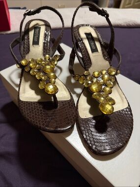 White House Black Market Brown Sandal with Yellow Gem Embellishments.  Size 8.5